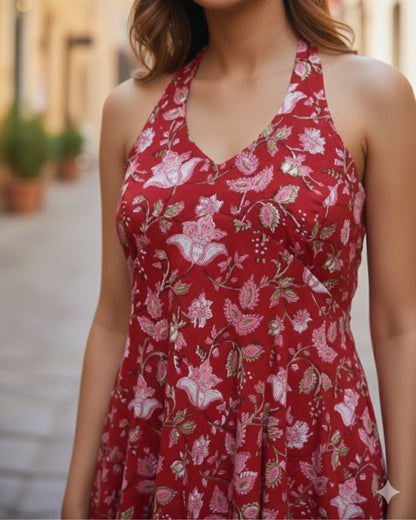 April Red Handblock Floral Print Cotton Midi Dress