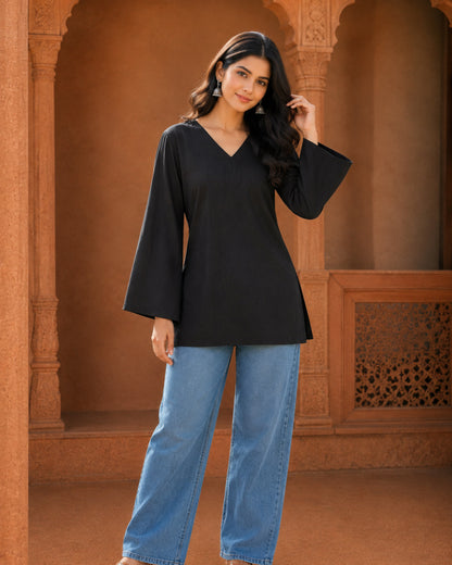 Nina Black Cotton Sleeved Short Kurti