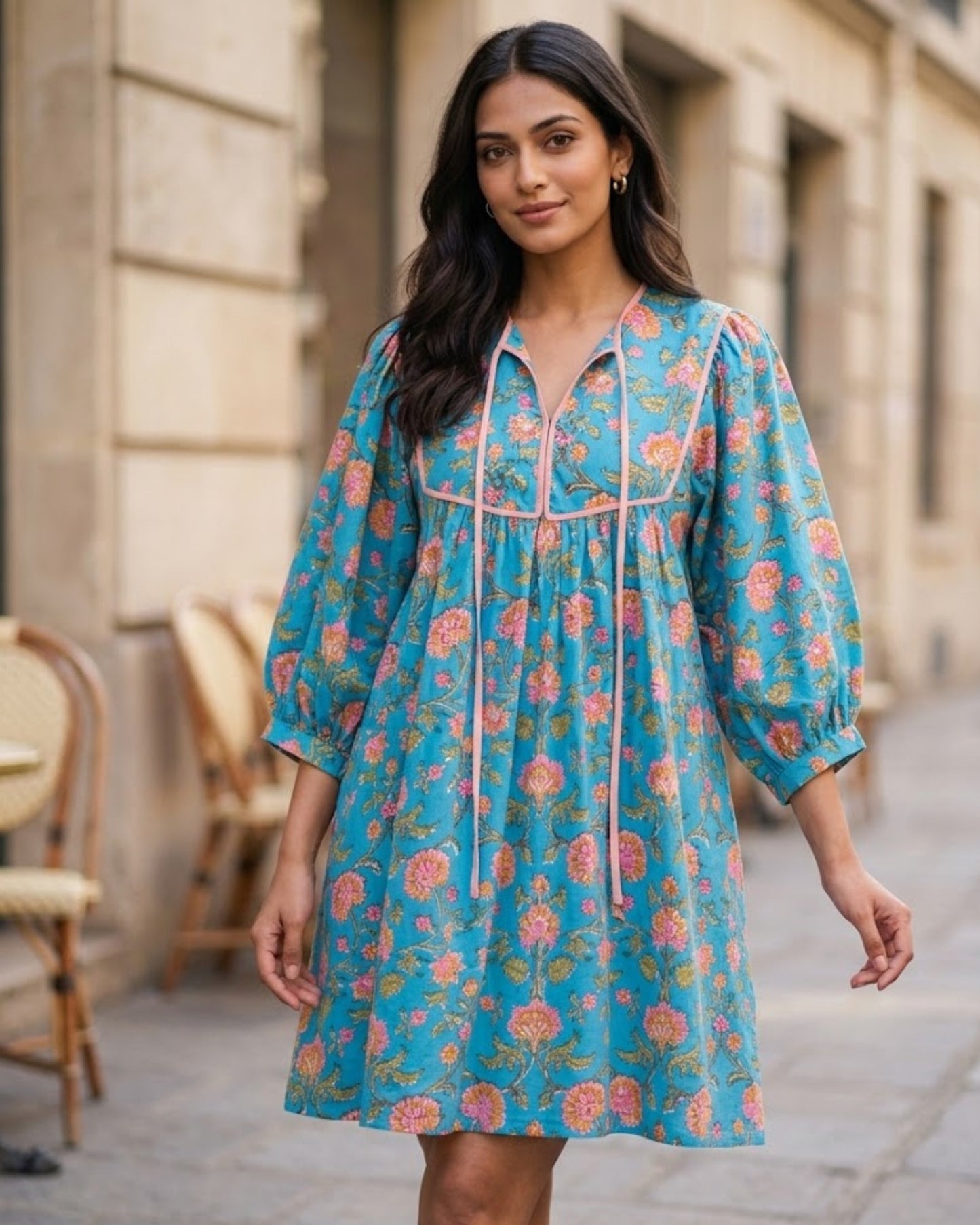 Katie Blue Puff Sleeves HandBlock Print Short Dress