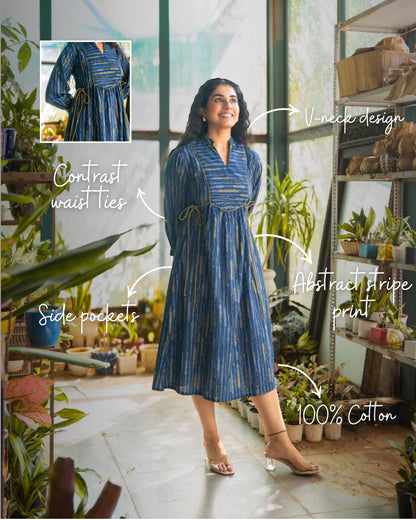 Skye Blue Tie-up Fit and Flare A-line Midi Dress