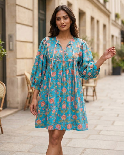 Katie Blue Puff Sleeves HandBlock Print Short Dress