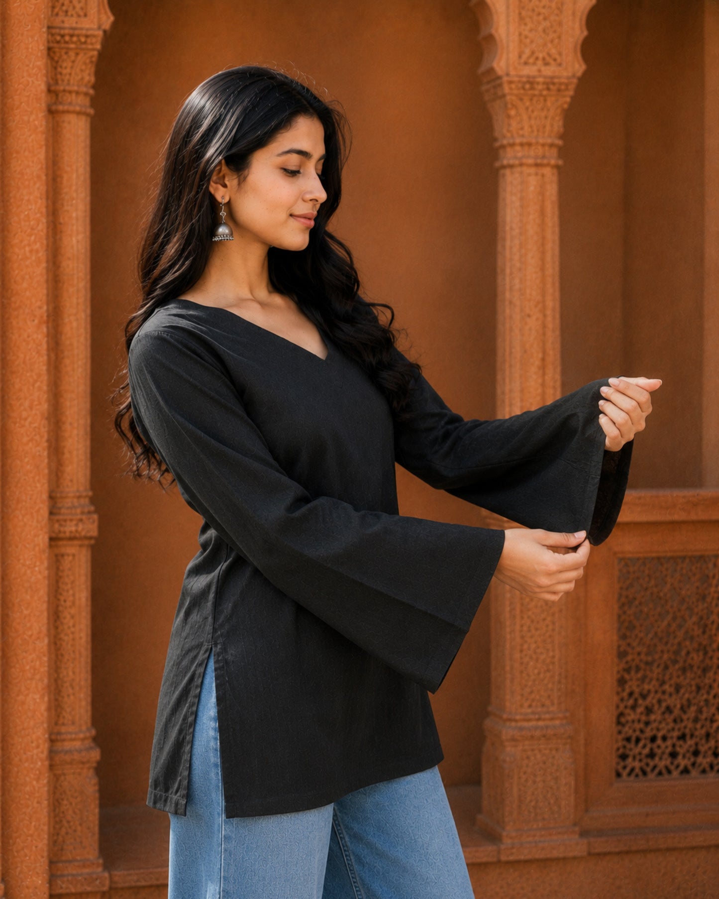 Nina Black Cotton Sleeved Short Kurti