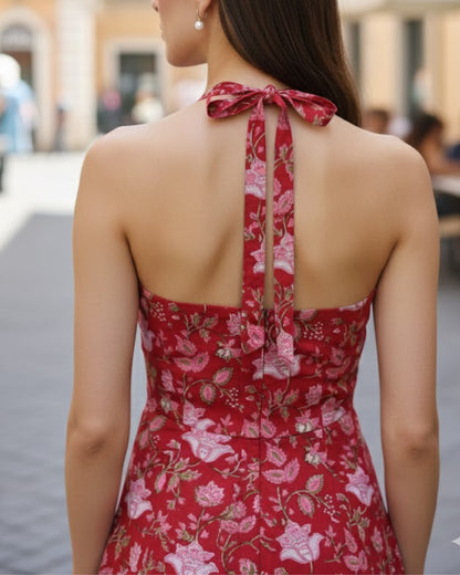 April Red Handblock Floral Print Cotton Midi Dress