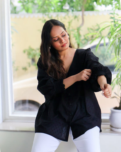 Twillight Black Collared Textured Cotton Shirt