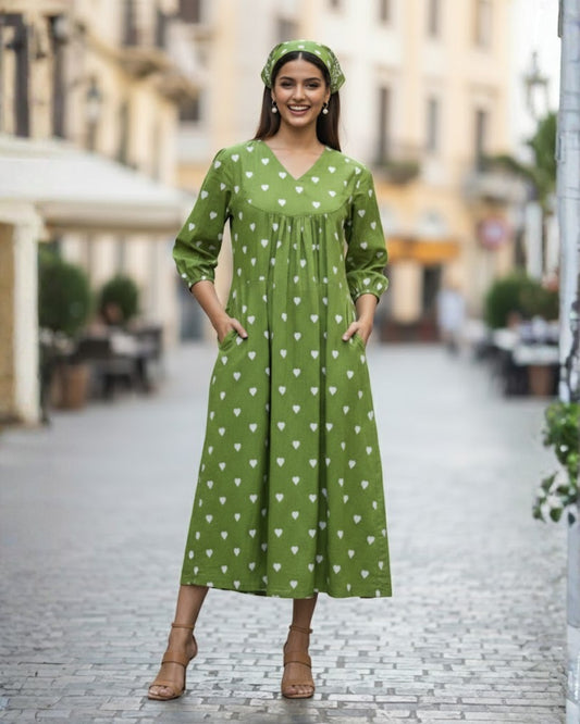 May Green Gathered Cotton Midi Dress