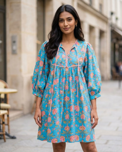 Katie Blue Puff Sleeves HandBlock Print Short Dress
