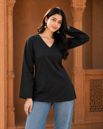 Nina Black Cotton Sleeved Short Kurti