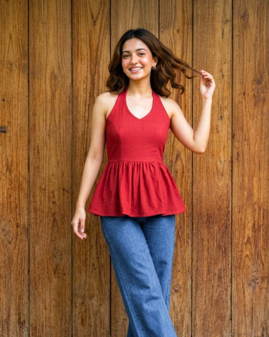 Emma Red Peplum Cotton Top