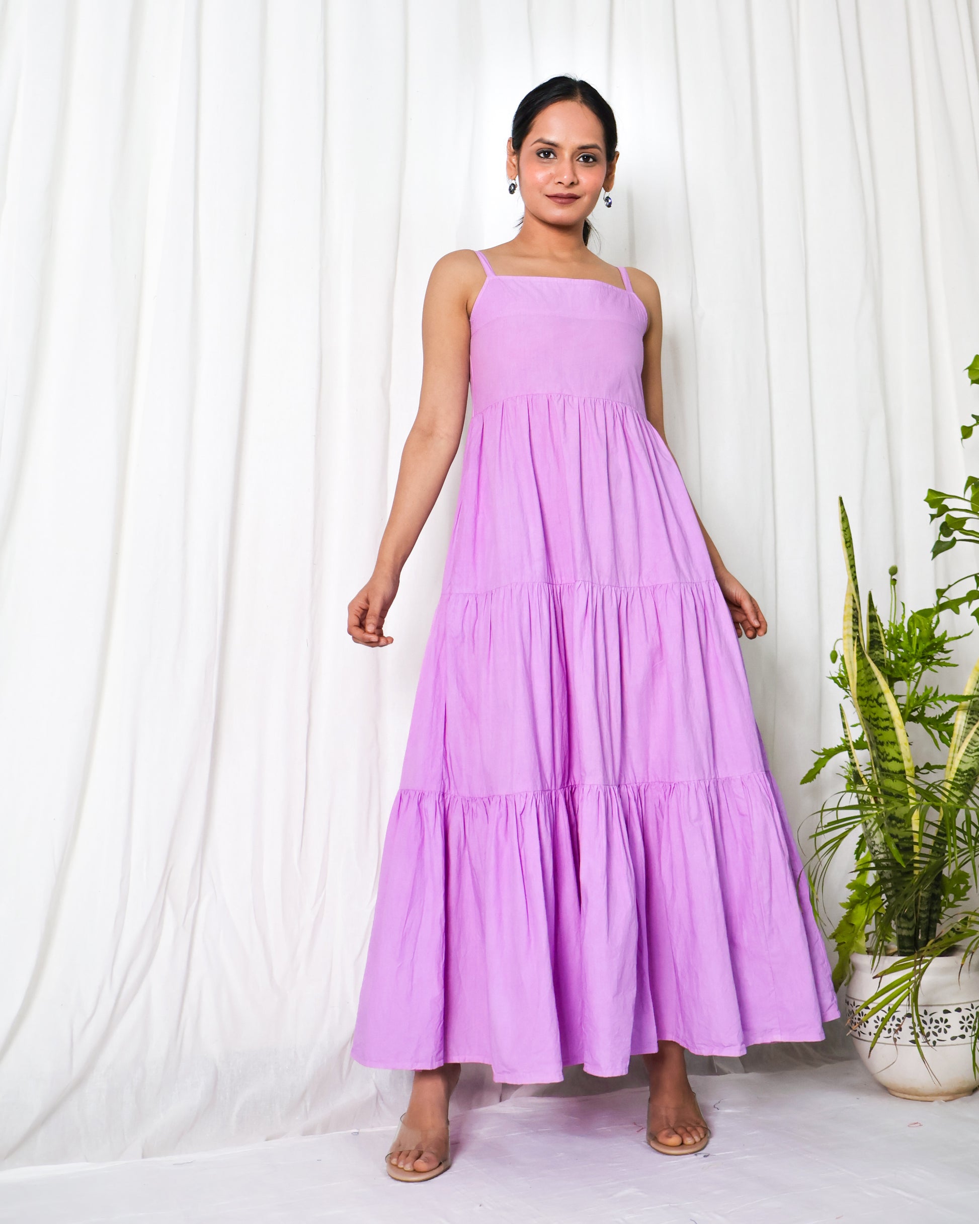 Lavender cotton poplin 3-tier dress – sivakaindia