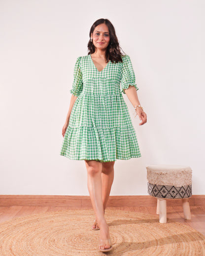 Minty Checkmate Cotton Tiered Dress