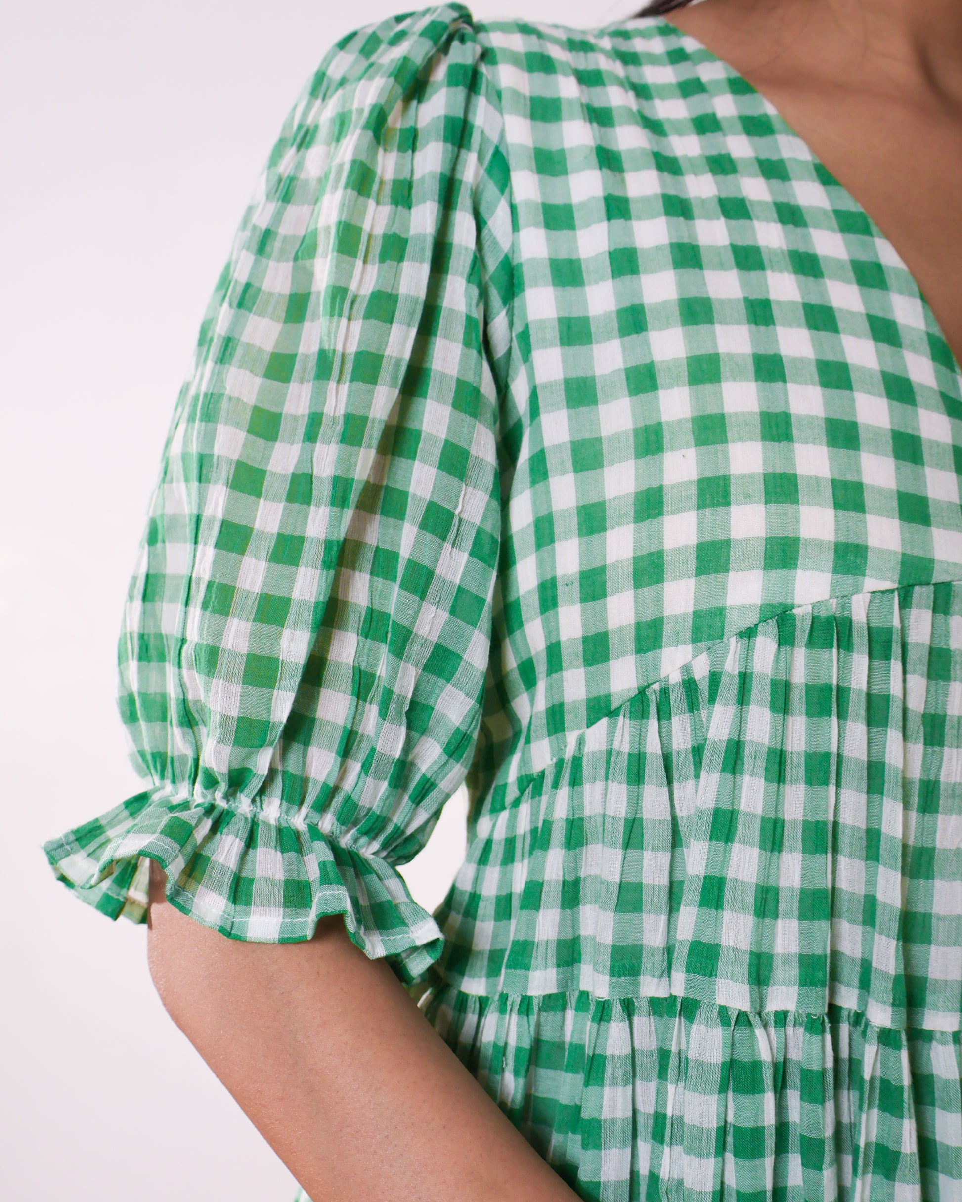 Minty Checkmate Cotton Tiered Dress sivakaindia Minty Checkmate Cotton Tiered Dress sivakaindia