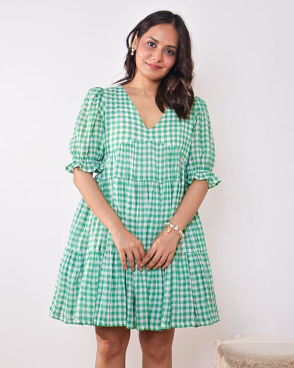 Minty Checkmate Cotton Tiered Dress