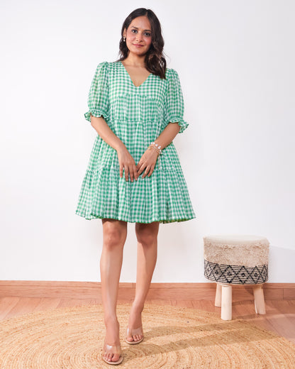 Minty Checkmate Cotton Tiered Dress