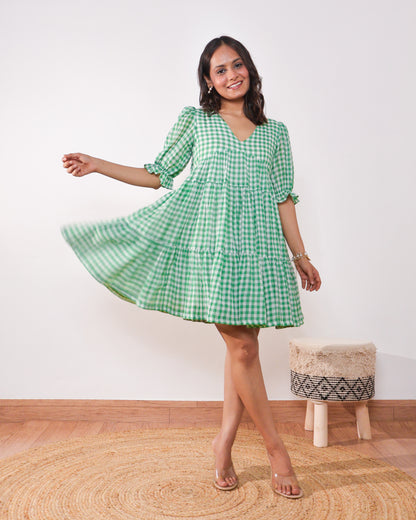 Minty Checkmate Cotton Tiered Dress