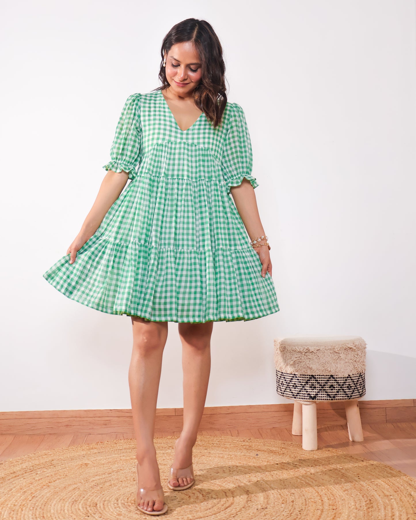 Minty Checkmate Cotton Tiered Dress