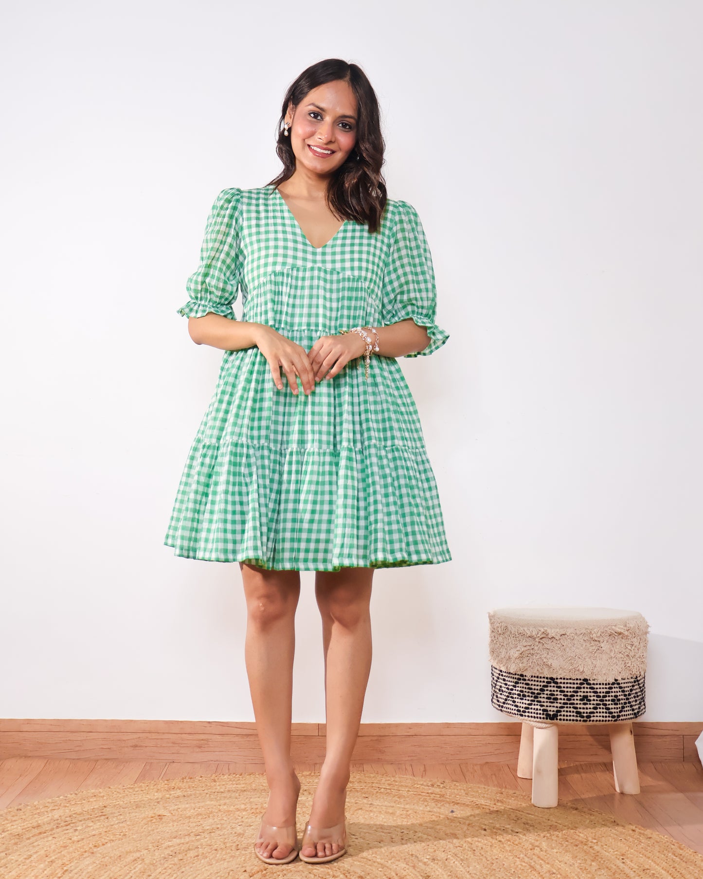 Minty Checkmate Cotton Tiered Dress