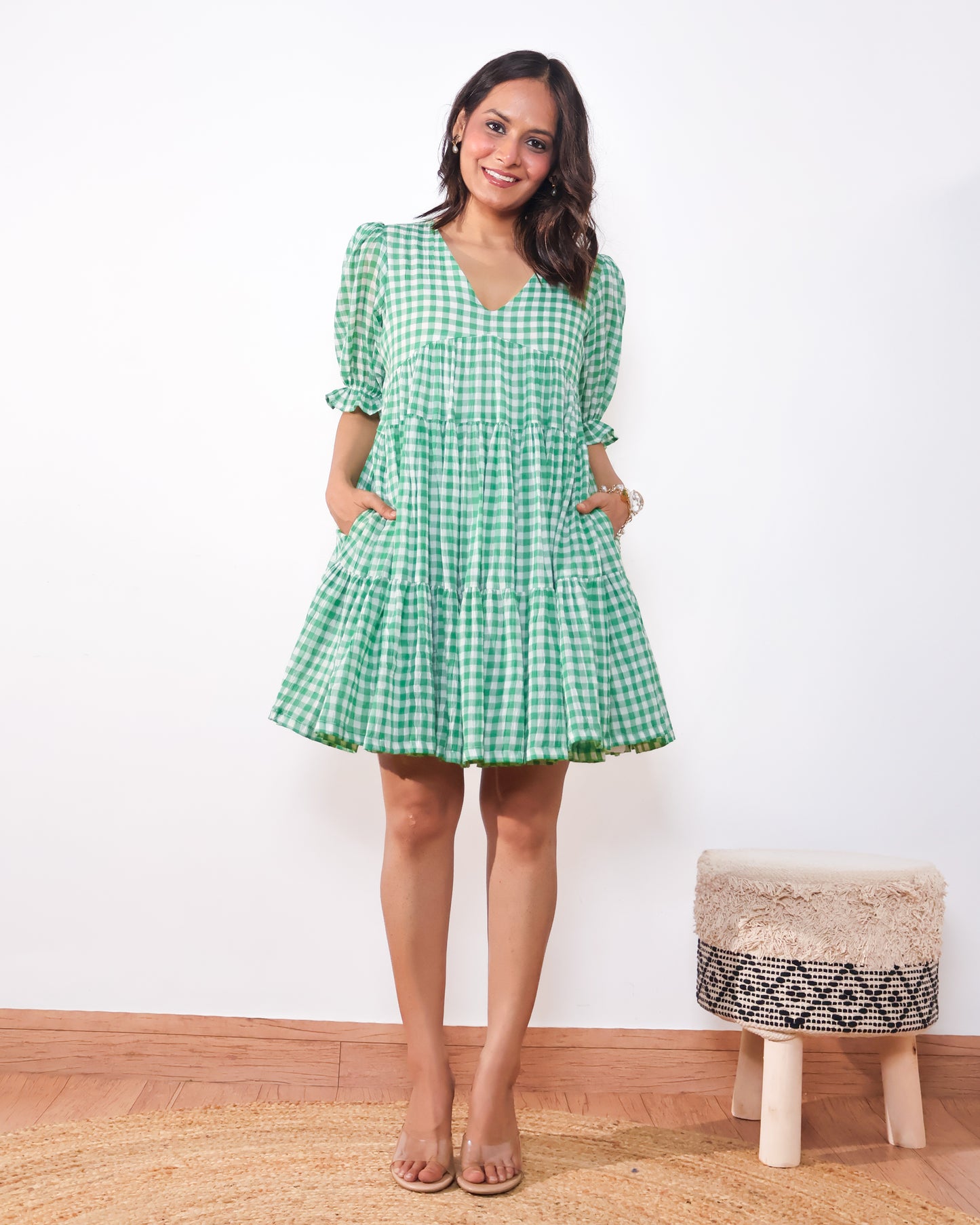 Minty Checkmate Cotton Tiered Dress