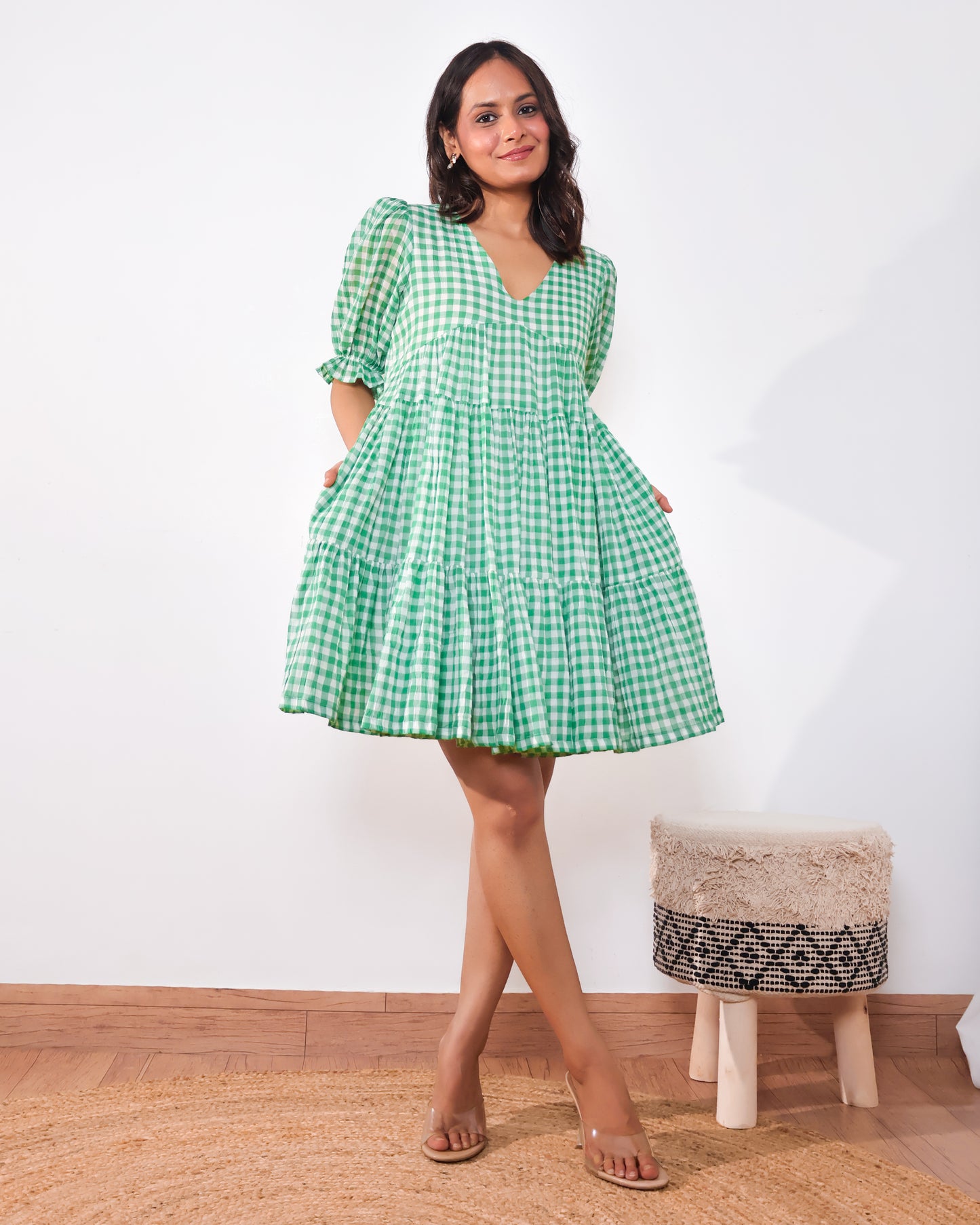 Minty Checkmate Cotton Tiered Dress