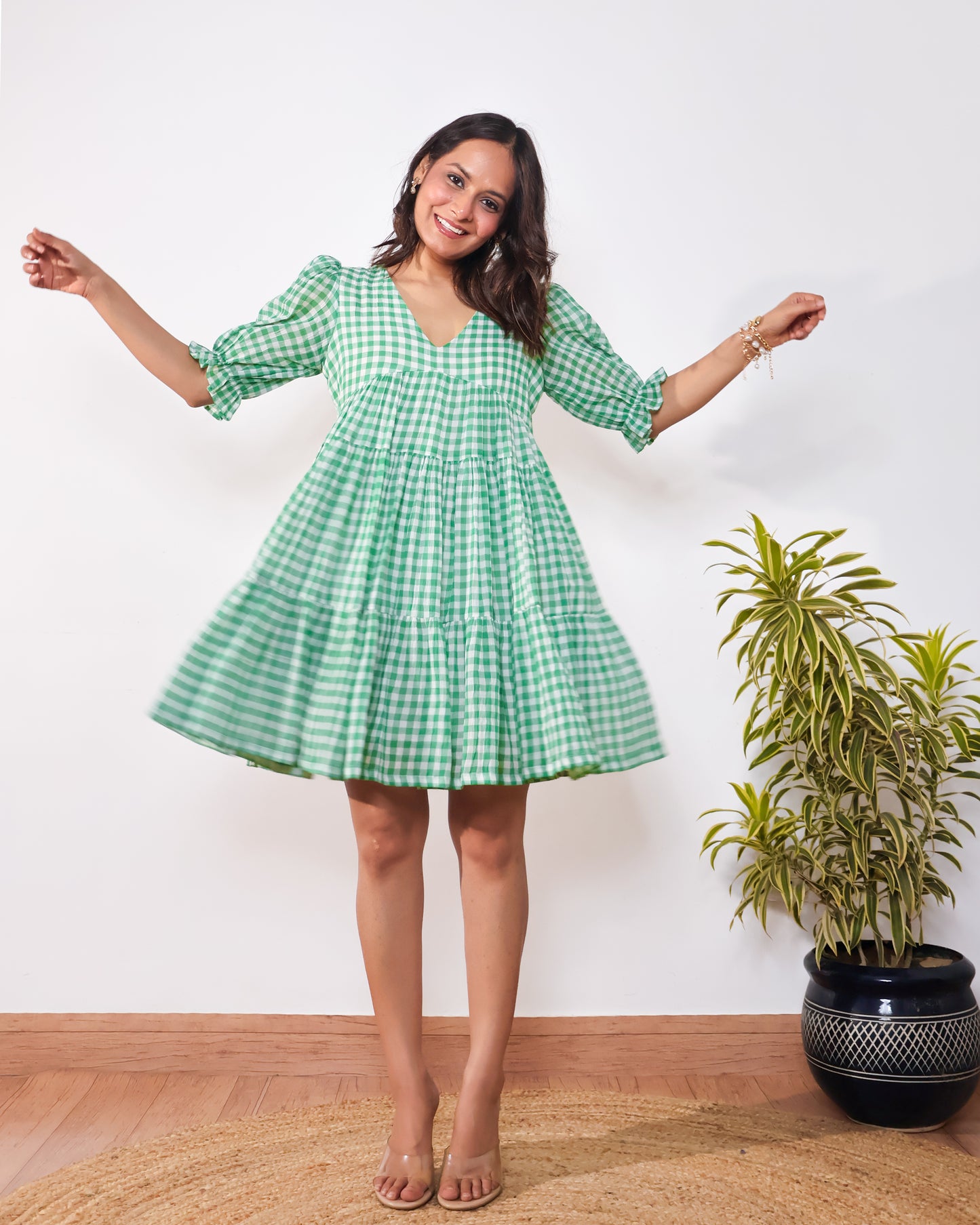 Minty Checkmate Cotton Tiered Dress