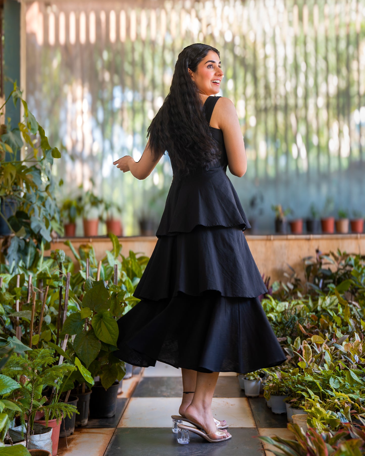Nina Black Frilled Cotton Midi Dress