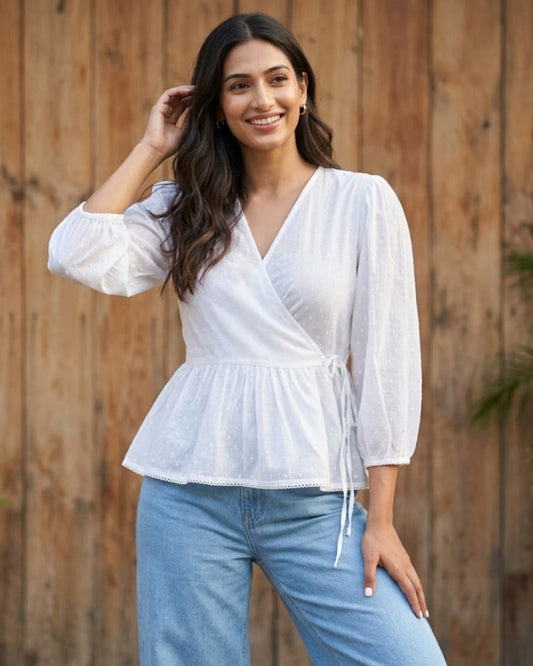 Dawn Wrap-style Textured Cotton Top