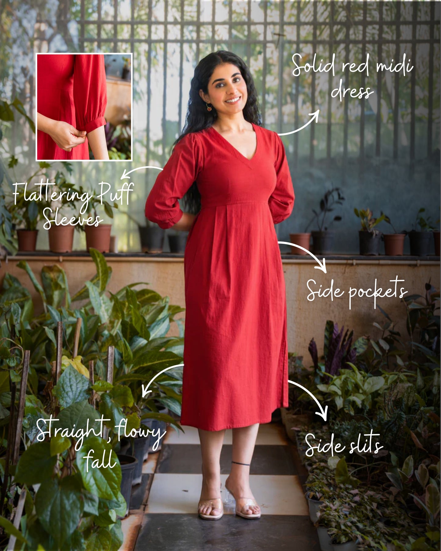 Emma Red Cotton Midi Dress