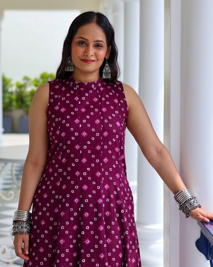 Aditi Purple Bandhani Print Cotton Maxi Dress