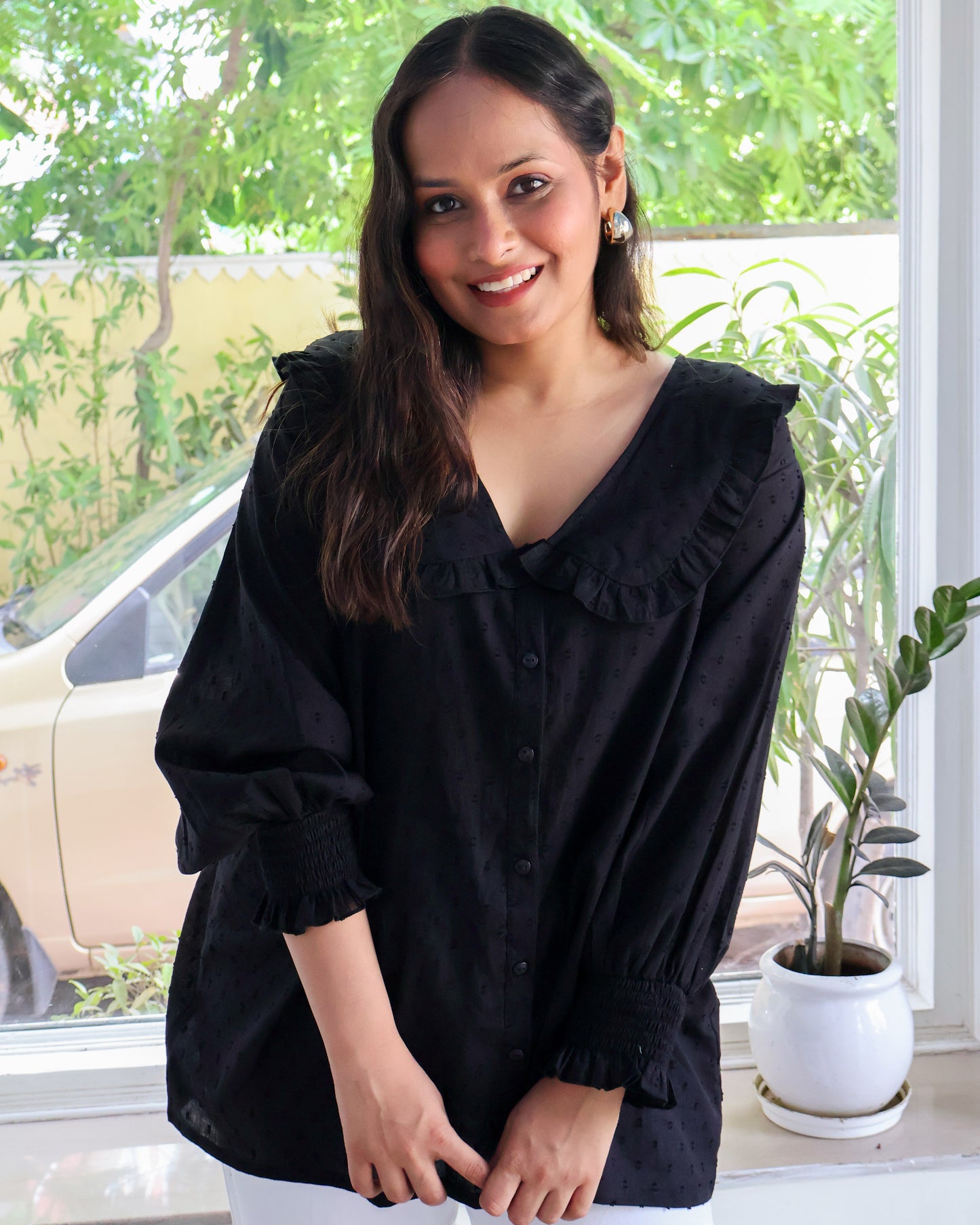 Twillight Black Collared Textured Cotton Shirt