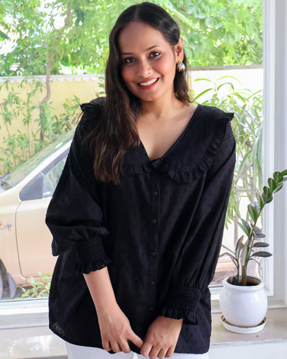 Twillight Black Collared Textured Cotton Shirt
