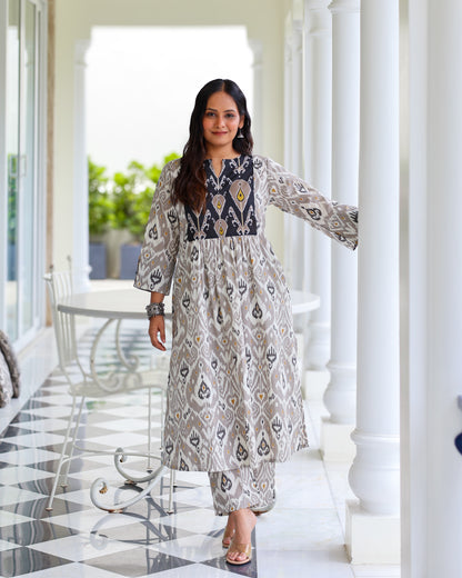Vedika Grey Ikat Cotton Kurta Set