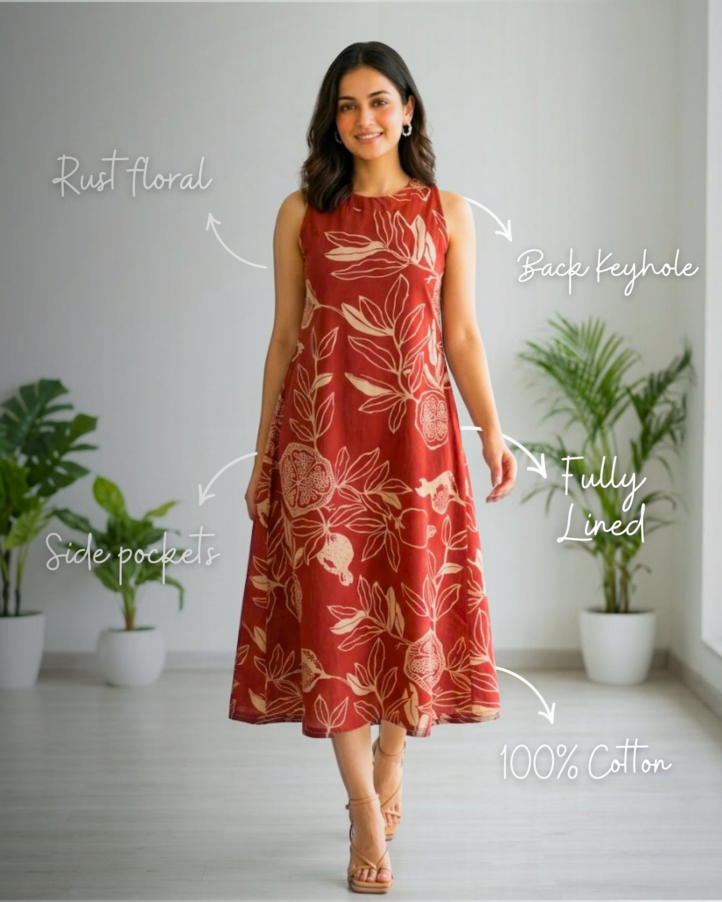 Mala Red Cotton Midi Dress