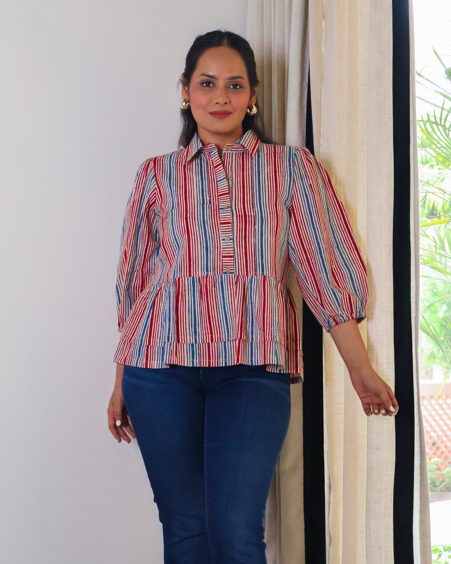 Faith Striped HandBlock Print Collared Peplum Cotton Top