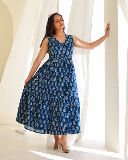 Zoey Indigo HandBlock Dabu Print Tiered Midi Dress