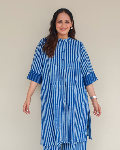 June Indigo Dabu HandBlock Stripes Print Cotton Kurta Set