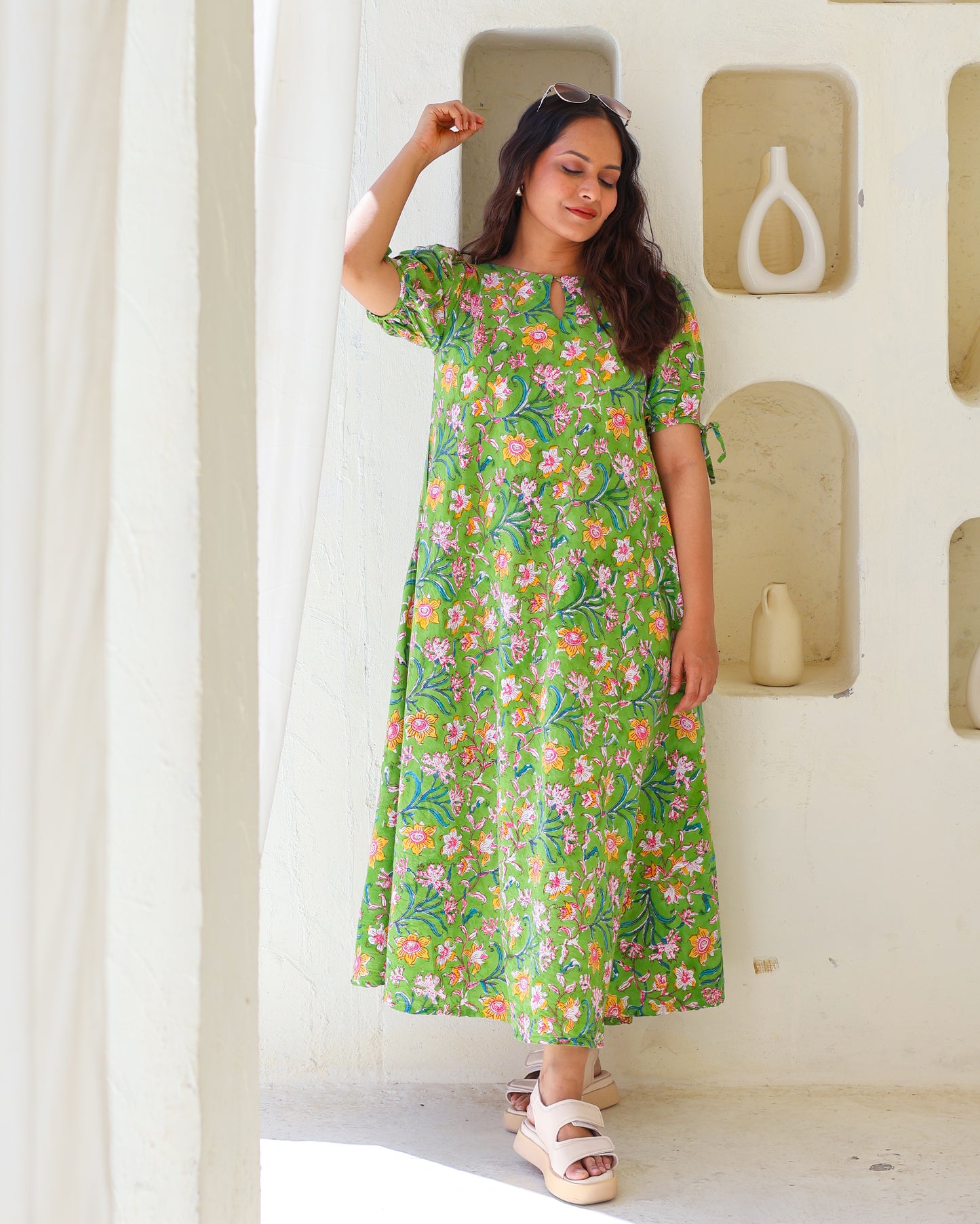 Emily Green Floral HandBlock Print Circular Cut Maxi Dress