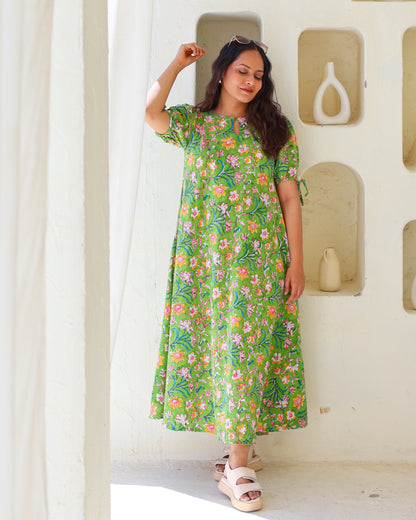 Emily Green Floral HandBlock Print Circular Cut Maxi Dress