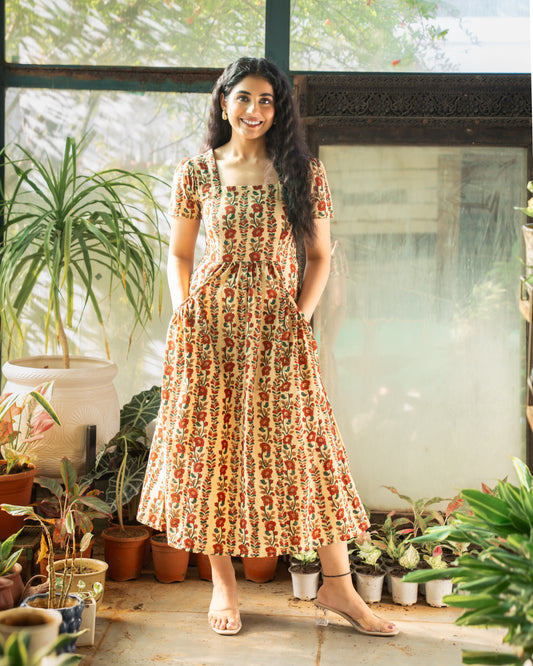 Ahana Fit-and-Flare HandBlock Print Midi Dress