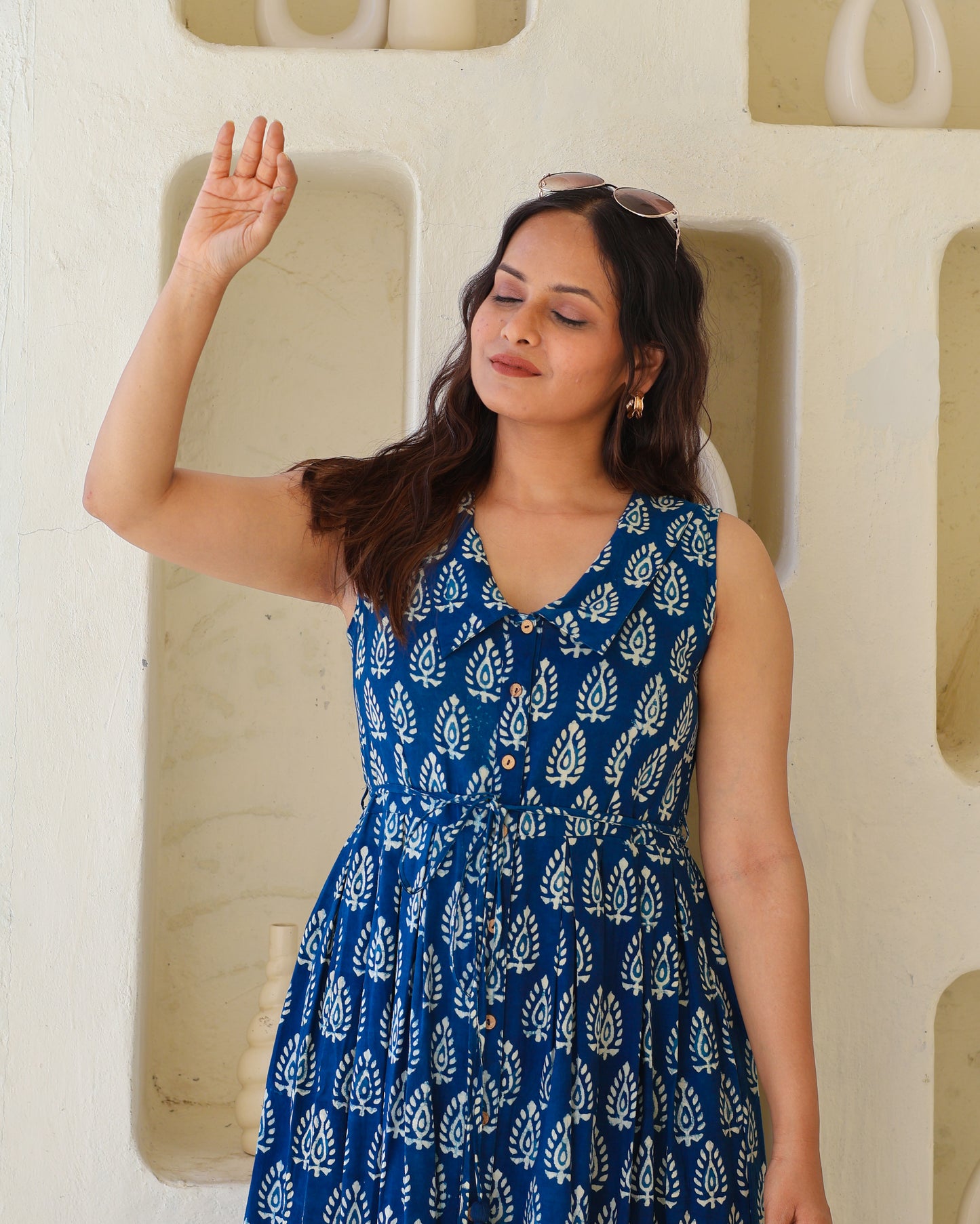 Zoey Indigo HandBlock Dabu Print Tiered Midi Dress