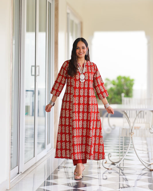 Durga Red HandBlock Print Kurta Set