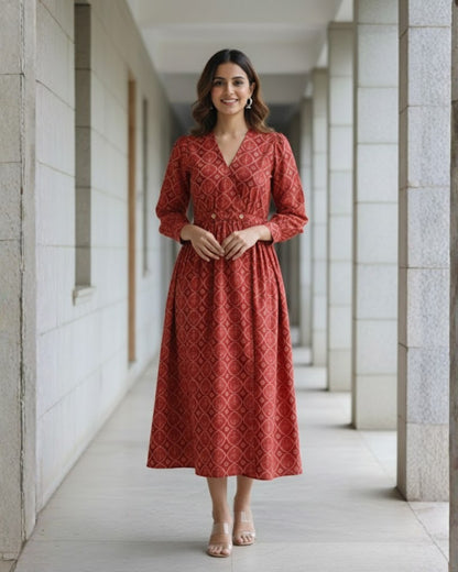 Hailey Red Fit and Flare Cotton Wrap Dress