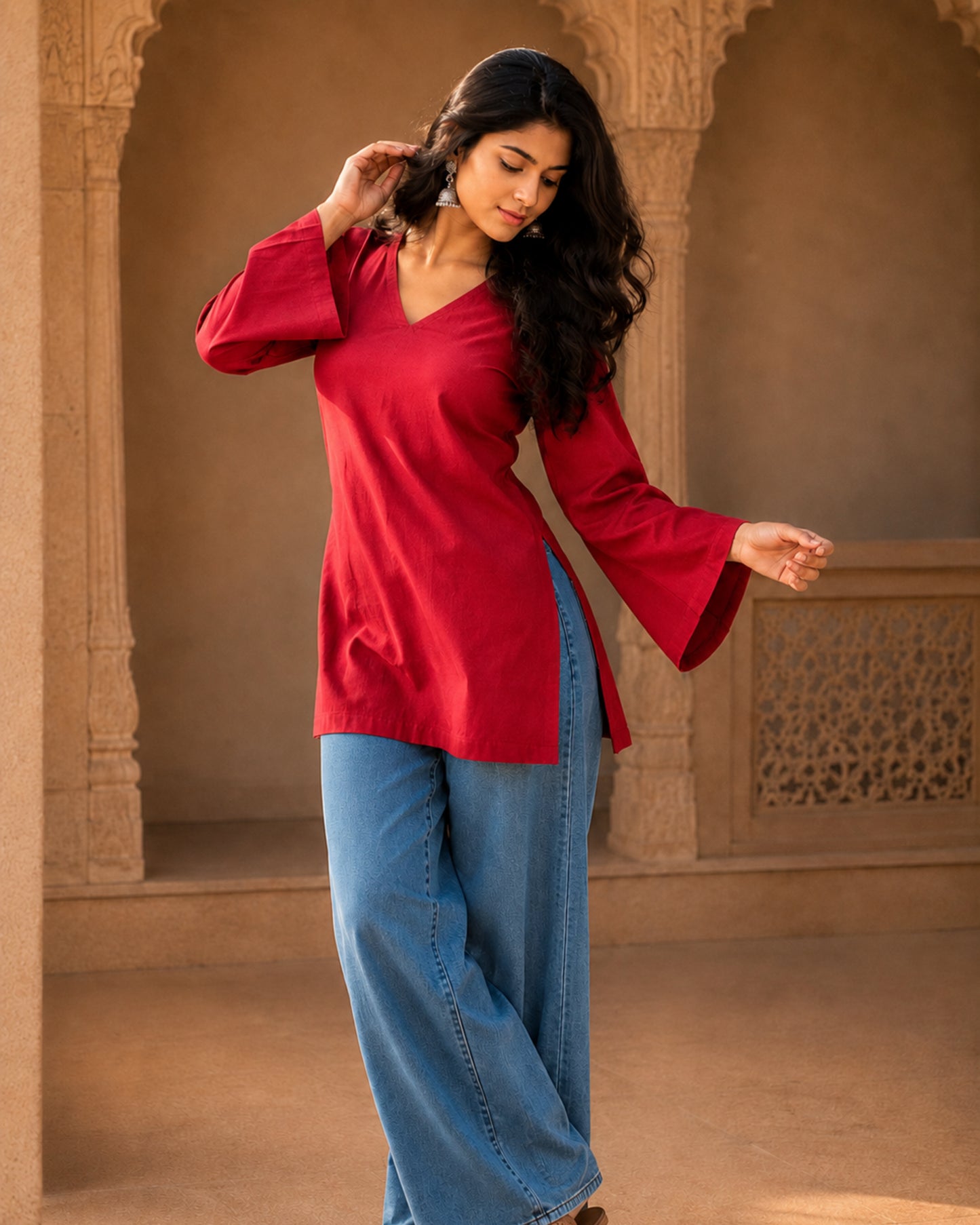Emma Red Cotton Sleeved Short Kurti