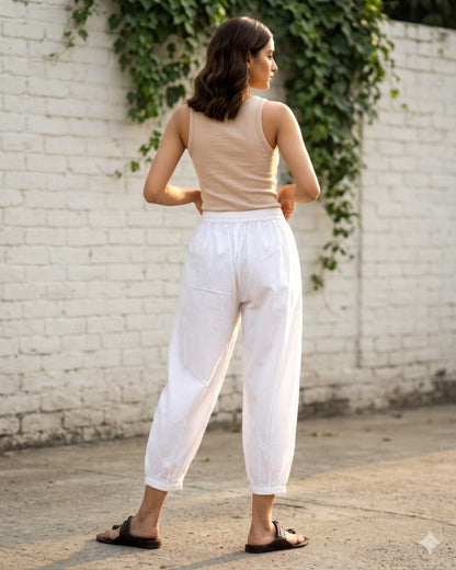 White Cotton Gathered Pants