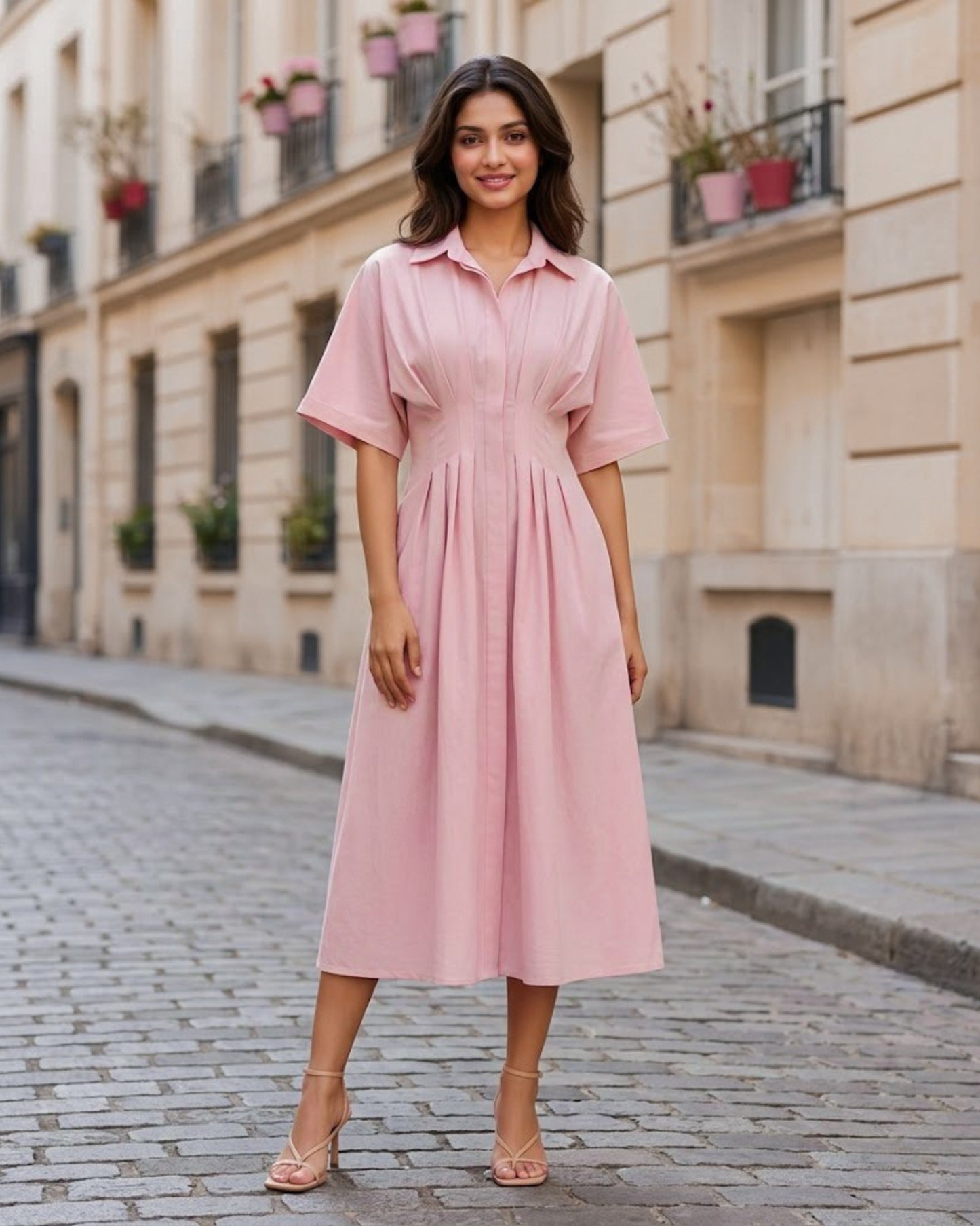 Zara Pink Pleated Pure Cotton Midi Dress