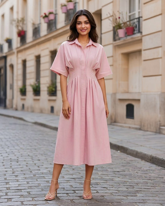 Zara Pink Pleated Pure Cotton Midi Dress