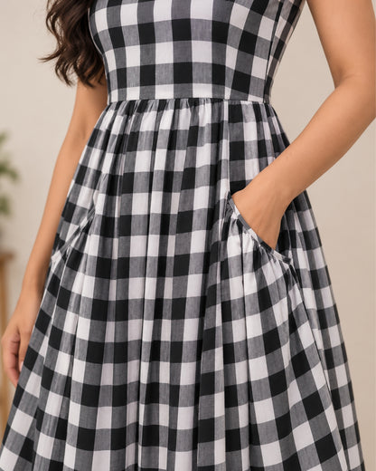 Arya Checkered Black Cotton Midi Dress