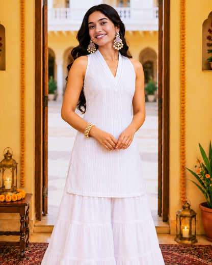 Chandni White Cotton Lurex Short Kurti