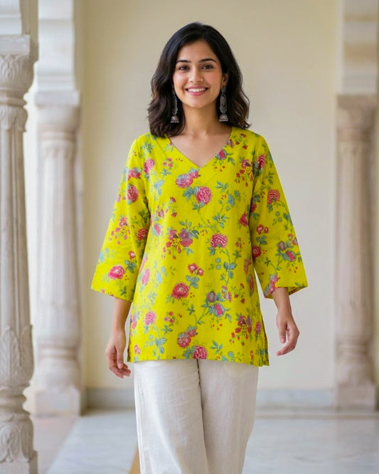 Ghazal Floral Print Cotton Short Kurti
