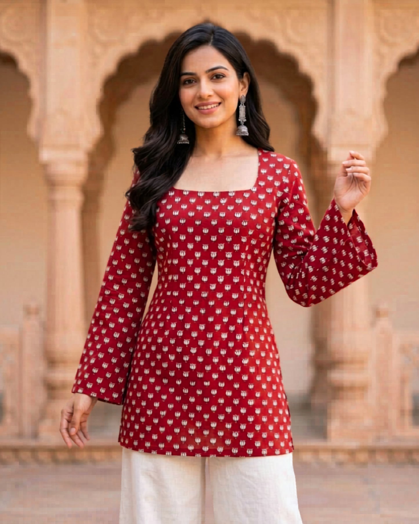 Tia Red HandBlock Print Sleeved Short Kurti