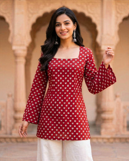 Tia Red HandBlock Print Sleeved Short Kurti