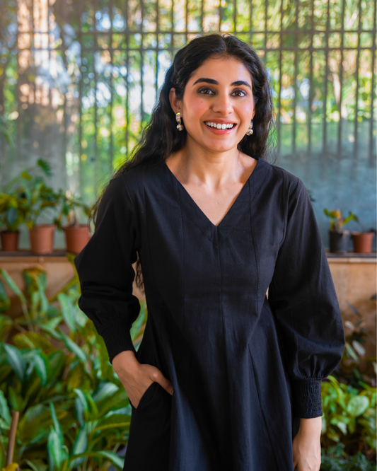 Audrey Panelled Black Cotton Dress